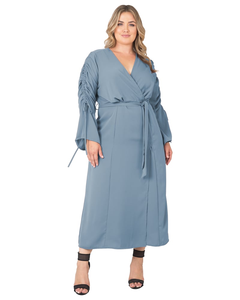Front of a model wearing a size 1X Kimberly Wrap Maxi Dress in SLATE by Standards & Practices. | dia_product_style_image_id:276366